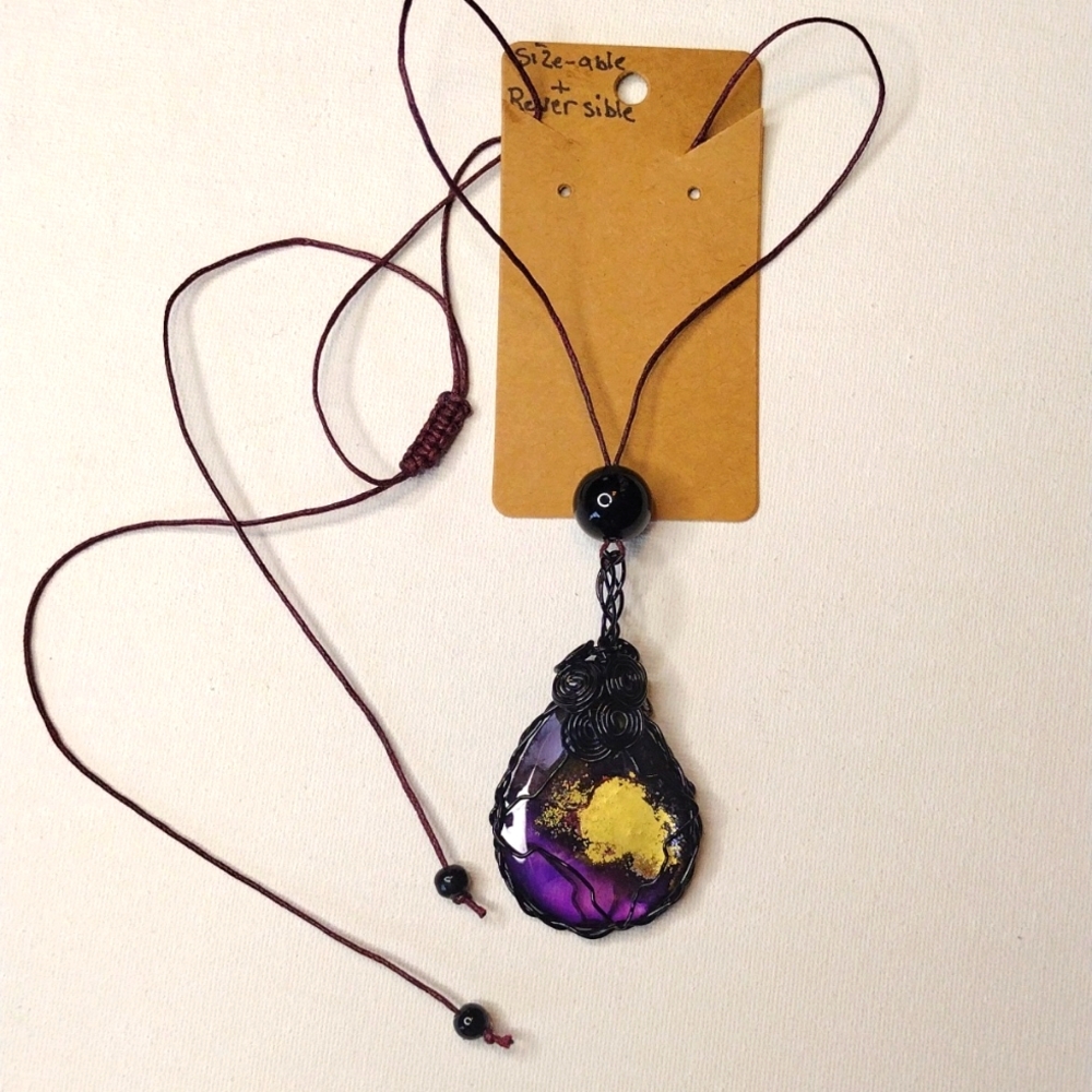 Translucent Amethyst faux stone metallic gold wire wrapped black OOAK necklace